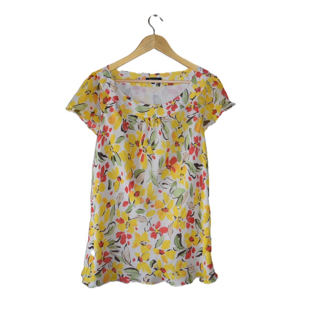 Anne Klein Floral Chiffon Blouse Womens 2X Yellow Red Excellent Flutter Sleeve